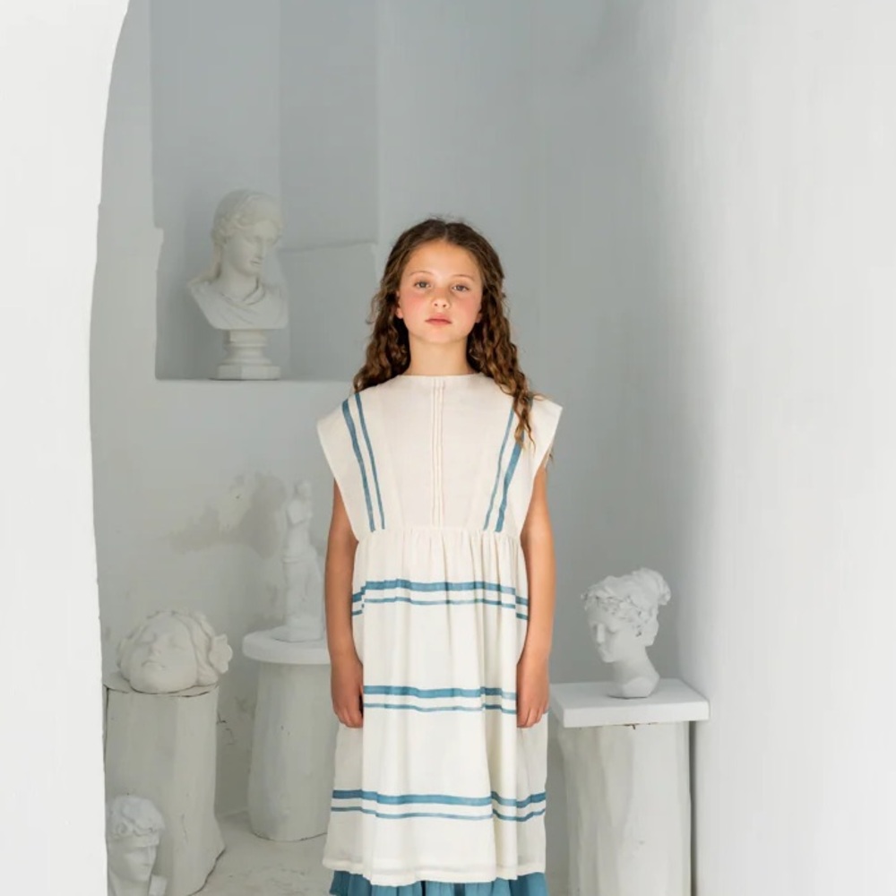 Belle Chiara Girls’ Organic Blue Double Stripe Calliope Dress—6Y